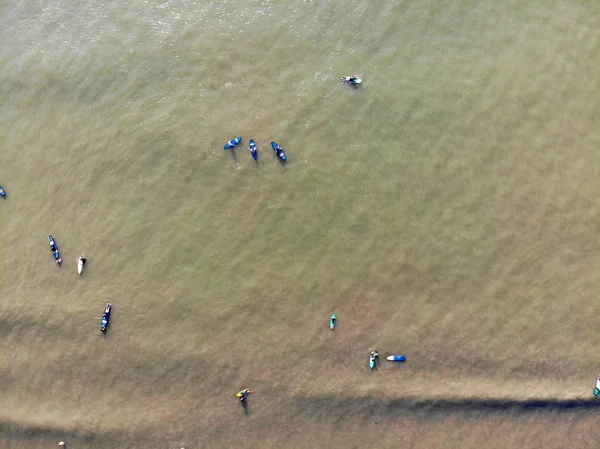 Aerial View Surfers Waiting Waves Dark Brown Water Bali Indonesia — Stock Photo, Image