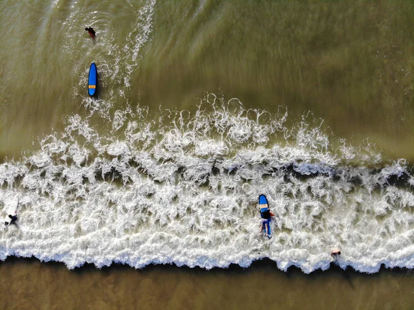 Aerial View Surfers Waiting Waves Dark Brown Water Bali Indonesia — Stock Fotó