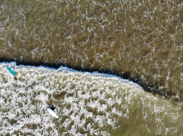 Aerial View Surfers Waiting Waves Dark Brown Water Bali Indonesia — Stock Fotó