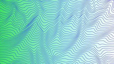 Yeşil ve mavi curvy hatları geometrik desen doku renkli arka plan üzerinde el salla. Dalga şerit arka plan. Bozuk şekillerle arka plan... hareket, op sanat desen yanılsaması.