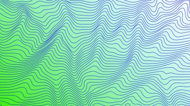Yeşil ve mavi curvy hatları geometrik desen doku renkli arka plan üzerinde el salla. Dalga şerit arka plan. Bozuk şekillerle arka plan... hareket, op sanat desen yanılsaması.