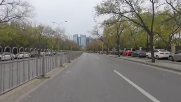 Car Driving Downtown Road Autumn Season Gray Pollution Day Beijing — Stock Video