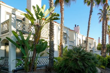 Tipik Güney Kaliforniya, İspanyolca güzel bahçe ağaçları ve palmiye ağaçları ile çevrili konut tarzı. San Diego, Kaliforniya, ABD
