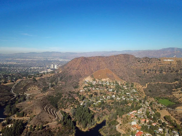Vista Aérea Hollywood Con Edificio Casas Villas Cielo Azul Durante — Foto de Stock