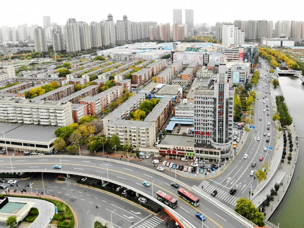 Luchtfoto Van Tianjin Stadsgezicht Met Haihe Rivier Wolkenkrabbers Futuristische Moderne — Stockfoto