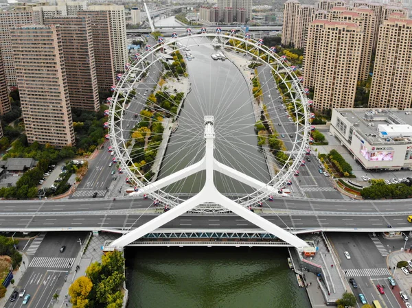Vista Aérea Paisagem Urbana Roda Gigante Tianjin Famosa Roda Gigante — Fotografia de Stock