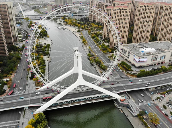 Légi Felvétel Városképet Tianjin Ferris Kerék Híres Tianjin Eye Óriáskerék — Stock Fotó