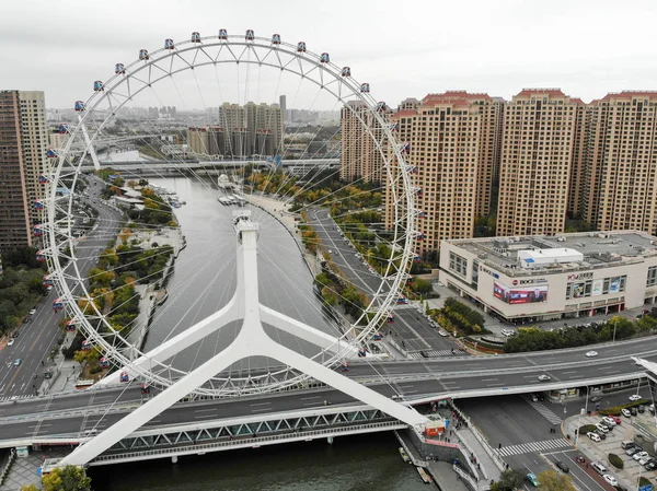 Aerial View Cityscape Tianjin Ferris Wheel Famous Tianjin Eye Ferris — Stock Photo, Image