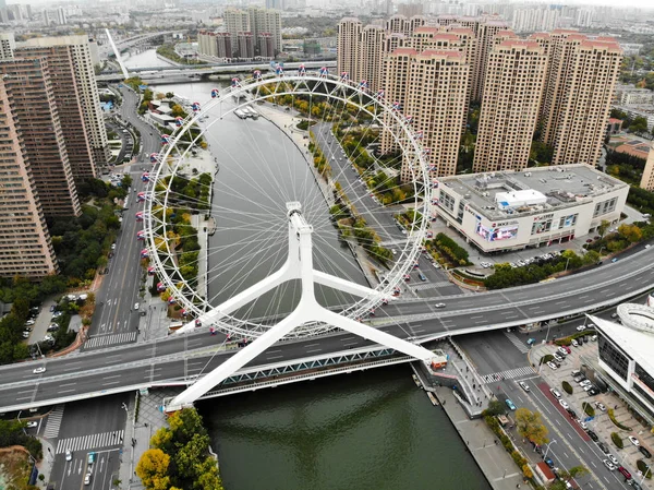 Vista Aérea Paisagem Urbana Roda Gigante Tianjin Famosa Roda Gigante — Fotografia de Stock