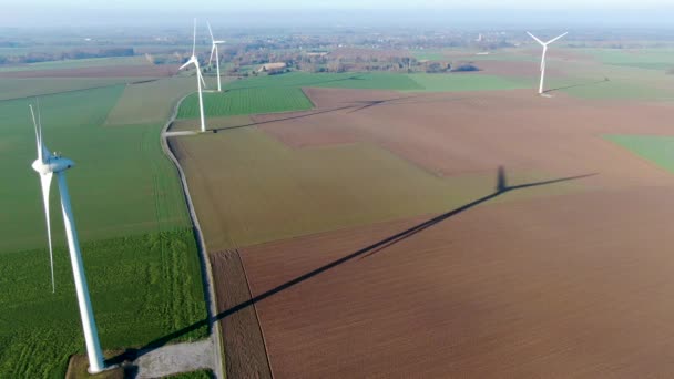 Aerial View Wind Turbines Agricultural Fields Beautiful Blue Winter Day — Stock Video
