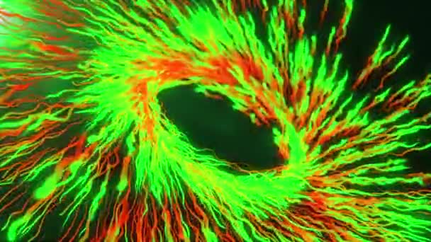 蓝色运动图形与彩色螺旋和球体 抽象彩色虫洞隧道 背景与旋转的线条和粒子 生长中的光纤束 — 图库视频影像