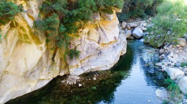 Açık Nehri Dağ taşlarla. Yeşil orman manzara akan nehir dağ. Dağlarda vahşi nehir. Doğal rezerv Nehri'nin güzel doğal sahne. Miyun, Beijing, Çin