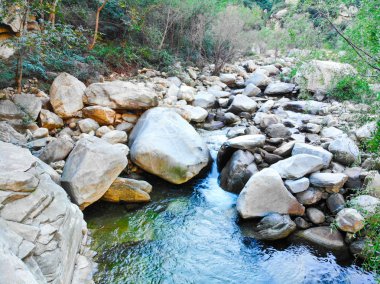 Açık Nehri Dağ taşlarla. Yeşil orman manzara akan nehir dağ. Dağlarda vahşi nehir. Doğal rezerv Nehri'nin güzel doğal sahne. Miyun, Beijing, Çin