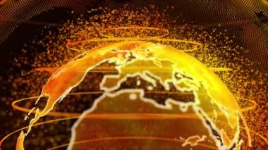 Orange dünya teknoloji, iş ve iletişim arka plan 3d render. Dünya küre pleksus parçacıkları ile dönme. TV haber