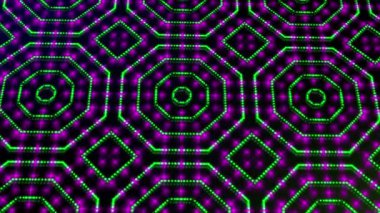 Işık shinning pembe ve yeşil noktalar ve yıldızlar geometrik şekillere animasyon. Parlak shinning noktalar ve yıldız 3d kamera hareketi ile renkli. Neon ve yıldız ve nokta etkisi ile arka plan.