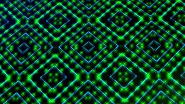 Hareketli ışık shinning yeşil ve mavi noktalar ve yıldız şekiller kare. Parlak shinning noktalar ve yıldız 3d kamera hareketi ile renkli. Neon ve yıldız ve nokta etkisi ile arka plan