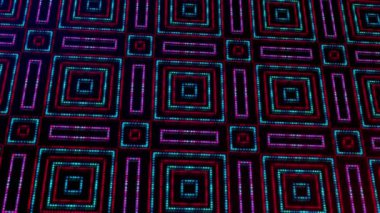 Hareketli ışık shinning noktalar şekiller kare. Parlak shinning mavi, pembe ve kırmızı noktalar (ışık Tur) 3 kamera hareketi, alan 3d resimde noktalı arka plan ile renkli. Neon ışık efekti.