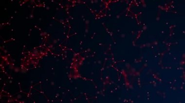Sibernetik parçacıkları ile dijital arka plan. üçgen hücrelerle geometrik arka plan. Koyu arka plan üzerinde çokgenler ile parlak kırmızı dijital resimler. Pleksus bağlı çizgiler hareket