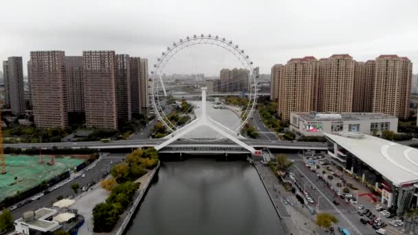 Αεροφωτογραφία Του Cityscape Tianjin Ferris Τροχό Διάσημη Ρόδα Λούνα Παρκ — Αρχείο Βίντεο