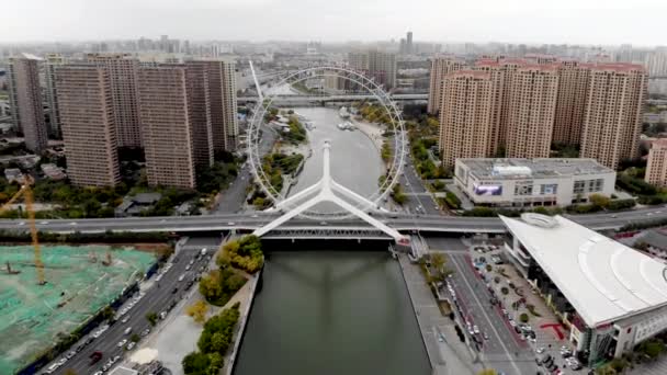 Αεροφωτογραφία Του Cityscape Tianjin Ferris Τροχό Διάσημη Ρόδα Λούνα Παρκ — Αρχείο Βίντεο