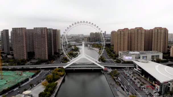 Luftaufnahme Der Stadtlandschaft Von Tianjin Riesenrad Das Berühmte Tianjin Riesenrad — Stockvideo