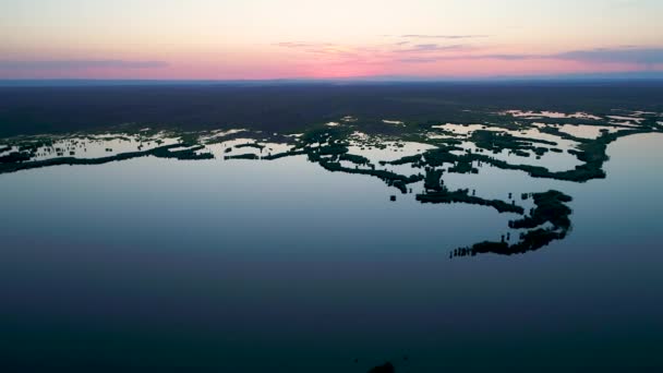 Günbatımı Güzel Turuncu Güneş Ile Sırasında Havadan Görünümü Ailik Gölü — Stok video