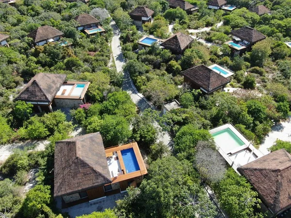 Aerial view of luxury villa with swimming pool in tropical forest. Private tropical villa with swimming pool among tropical garden with palm trees next to the coast. Praia de Forte, Bahia, Brazil