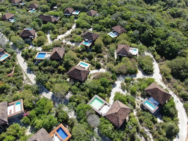 Aerial view of luxury villa with swimming pool in tropical forest. Private tropical villa with swimming pool among tropical garden with palm trees next to the coast. Praia de Forte, Bahia, Brazil