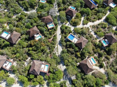 Havadan görünümü tropikal orman içinde yüzme havuzlu lüks Villa. Palmiye ağaçlarının yanında sahil tropikal bahçe arasında yüzme havuzlu özel tropikal villa. Praia de Forte, Bahia, Brezilya