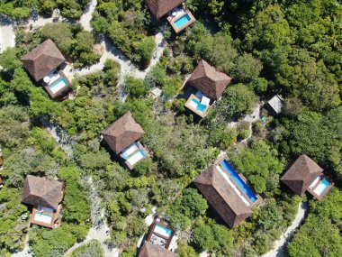 Havadan görünümü tropikal orman içinde yüzme havuzlu lüks Villa. Palmiye ağaçlarının yanında sahil tropikal bahçe arasında yüzme havuzlu özel tropikal villa. Praia de Forte, Bahia, Brezilya