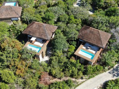 Havadan görünümü tropikal orman içinde yüzme havuzlu lüks Villa. Palmiye ağaçlarının yanında sahil tropikal bahçe arasında yüzme havuzlu özel tropikal villa. Praia de Forte, Bahia, Brezilya