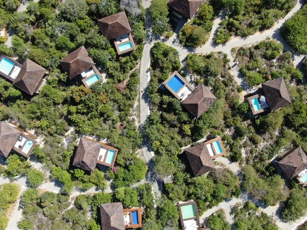 Aerial view of luxury villa with swimming pool in tropical forest. Private tropical villa with swimming pool among tropical garden with palm trees next to the coast. Praia de Forte, Bahia, Brazil