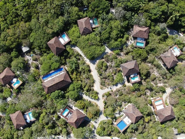 Aerial view of luxury villa with swimming pool in tropical forest. Private tropical villa with swimming pool among tropical garden with palm trees next to the coast. Praia de Forte, Bahia, Brazil