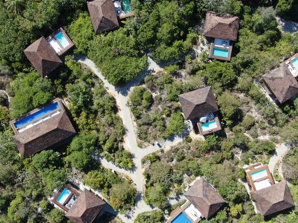 Havadan görünümü tropikal orman içinde yüzme havuzlu lüks Villa. Palmiye ağaçlarının yanında sahil tropikal bahçe arasında yüzme havuzlu özel tropikal villa. Praia de Forte, Bahia, Brezilya