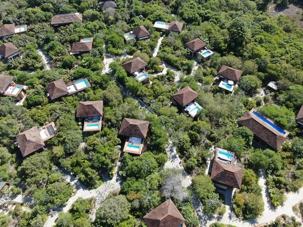 Aerial view of luxury villa with swimming pool in tropical forest. Private tropical villa with swimming pool among tropical garden with palm trees next to the coast. Praia de Forte, Bahia, Brazil