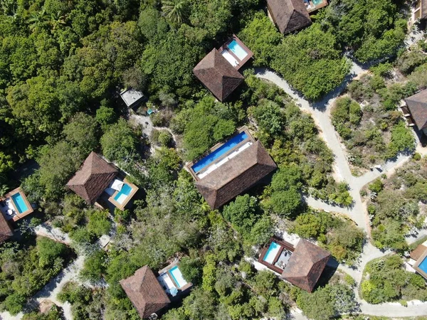 Aerial view of luxury villa with swimming pool in tropical forest. Private tropical villa with swimming pool among tropical garden with palm trees next to the coast. Praia de Forte, Bahia, Brazil