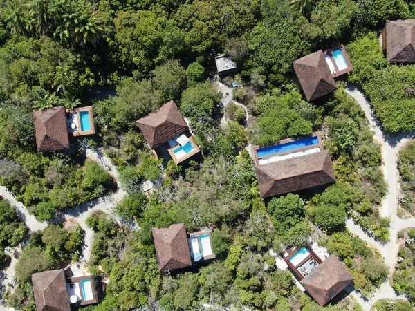 Aerial view of luxury villa with swimming pool in tropical forest. Private tropical villa with swimming pool among tropical garden with palm trees next to the coast. Praia de Forte, Bahia, Brazil