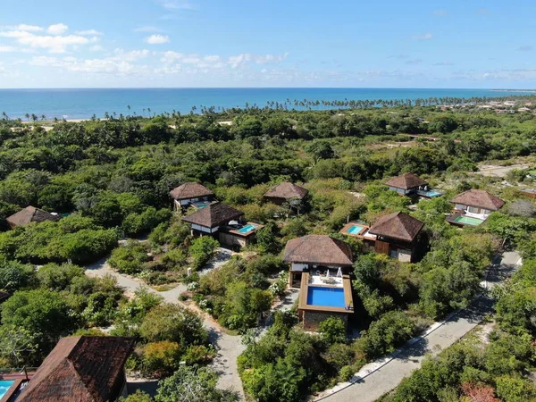 Aerial view of luxury villa with swimming pool in tropical forest. Private tropical villa with swimming pool among tropical garden with palm trees with blue sea and coast on the background. Praia de Forte, Bahia, Brazil