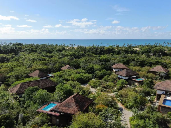 Aerial view of luxury villa with swimming pool in tropical forest. Private tropical villa with swimming pool among tropical garden with palm trees with blue sea and coast on the background. Praia de Forte, Bahia, Brazil