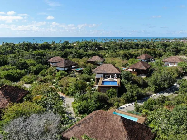 Aerial view of luxury villa with swimming pool in tropical forest. Private tropical villa with swimming pool among tropical garden with palm trees with blue sea and coast on the background. Praia de Forte, Bahia, Brazil