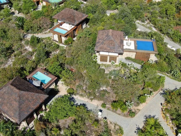 Aerial view of luxury villa with swimming pool in tropical forest. Private tropical villa with swimming pool among tropical garden with palm trees next to the coast. Praia de Forte, Bahia, Brazil