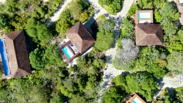 熱帯林のスイミング プール 高級ヴィラの空撮 海岸の横にあるヤシの木がトロピカル ガーデンの中でプールを持つ熱帯のプライベートヴィラ プライア フォルテ バイーア州 ブラジル — ストック動画