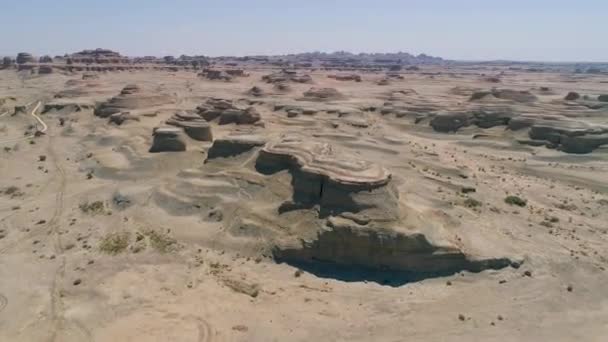 克拉玛依世界恶魔镇沙岩沙漠的鸟图 恶魔沙漠的闹鬼位于中国西北新疆维吾尔自治区 尘土飞扬的干旱的陆地沙漠 — 图库视频影像