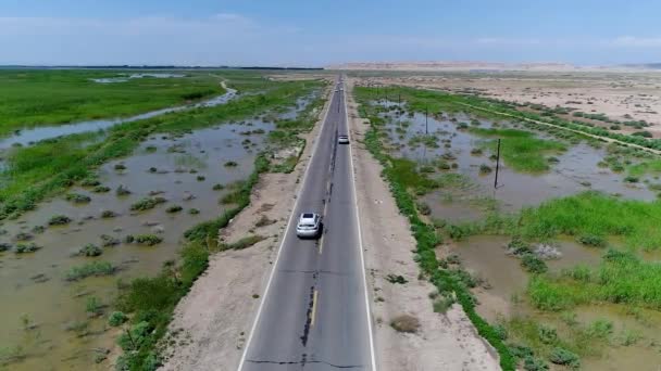 新疆ウイグル中国自治地域の砂漠の次は Ailik または Aylik 湖の真ん中に空の道で運転している車の空撮 — ストック動画