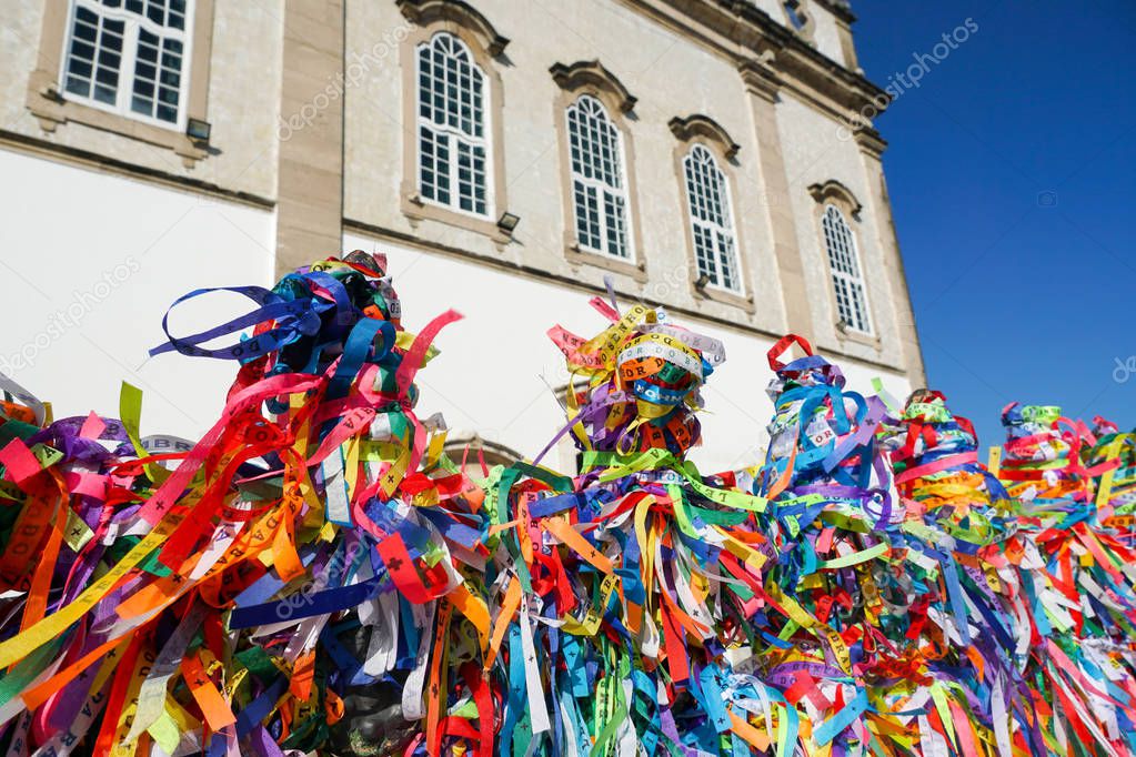 Igreja de Nosso Senhor do Bonfim, a catholic church located in Salvador, Bahia in Brazil. Famous touristic place where people make wishes while tie the ribbons in front of the church.