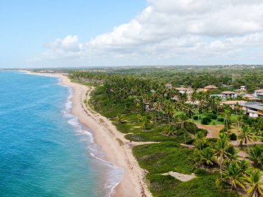 Tropikal beyaz kum plaj ve turkuaz havadan görünümü küçük dalgalar ile deniz suyu temizlemek ve palmiye ağaçları arka plan. Praia Forte, Bahia, Brezilya var. Seyahat tropikal kavramı
