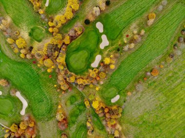 Bir golf sahası hava görünümünü. Güzel renkli ağaçlar ve Güney Belçika, Valon Brabant sonbahar/kış sezonunda yeşil Sahası.