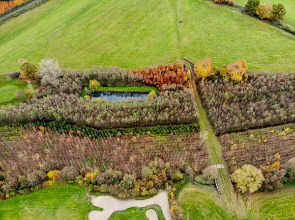 Aerial view of a golf course. Beautiful colorful trees and green course during autumn/winter season in the South of Belgium, Walloon Brabant.