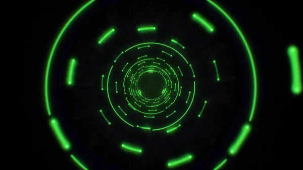 Green abstract light circles seamless looping. Animation of an abstract background tunnel loop with shiny light circles. Futuristic illumination neon space. Abstract circles neon tunnel.