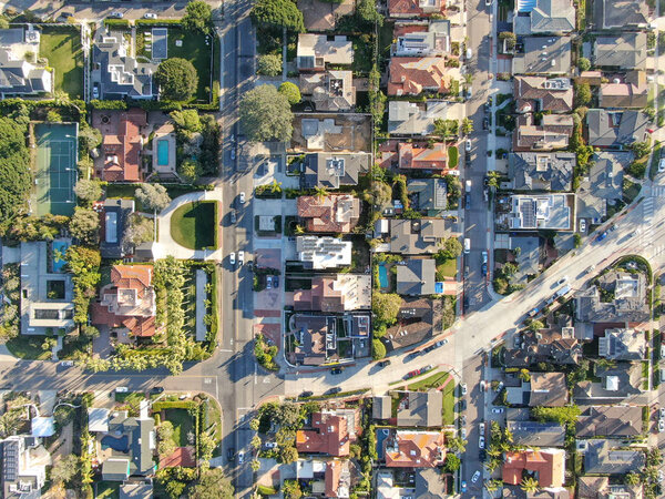 Aerial view of La Jolla little coastline city with nice beautiful wealthy villas with swimming pool. La Jolla, San Diego, California, USA. West coast real estate development.